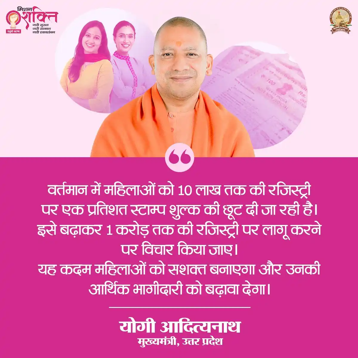 Image from INDIANEWSEXPRESS: वर्तमान में महिलाओं को ₹10 लाख तक की रजिस्ट्री पर एक प्रतिशत स्टाम्प श...