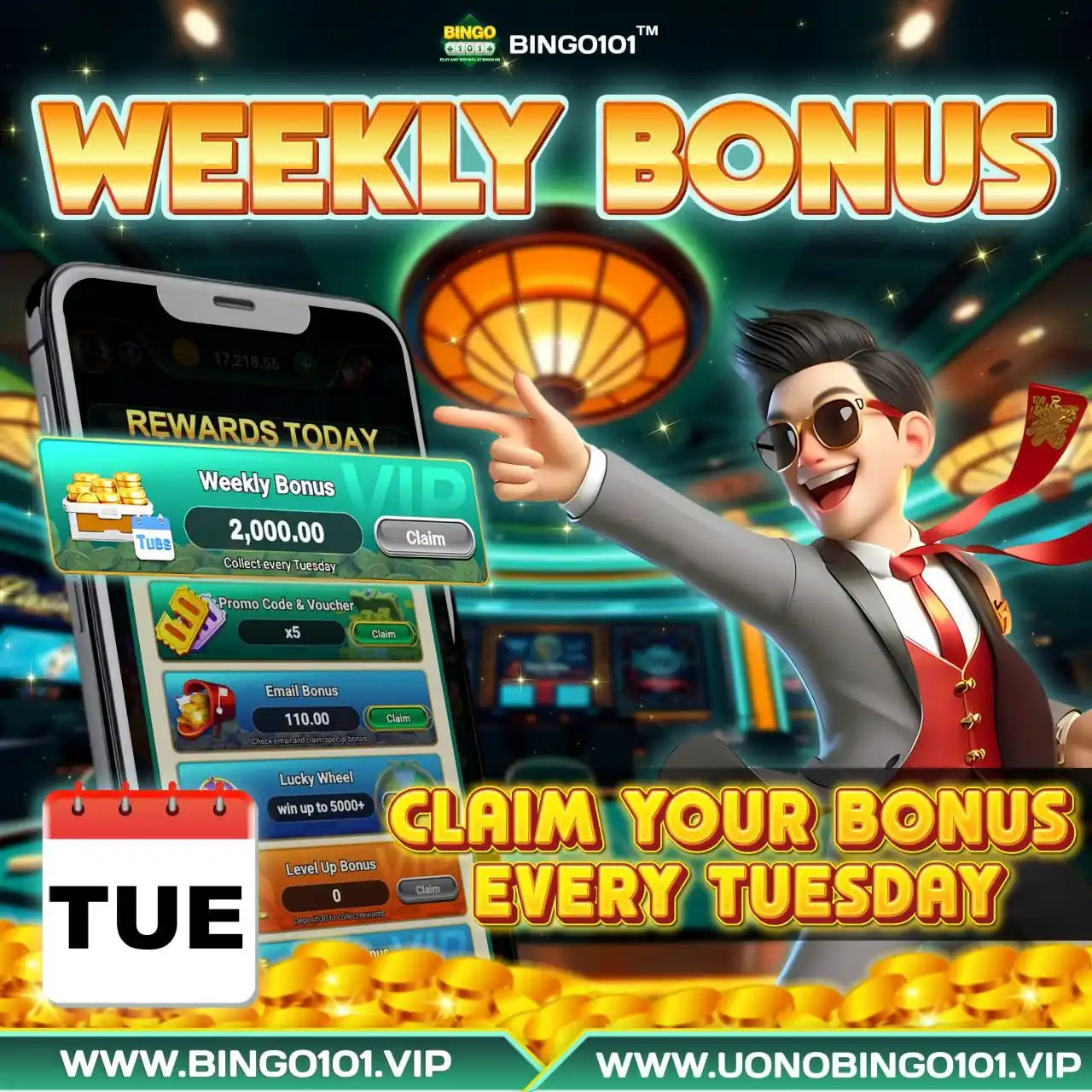 Image from BINGO101 Official: 🔥🔥🔥 WEEKLY BONUS - EVERY TUESDAY 💰PLAY AT BINGO101 GET: 🤓DAILY ...