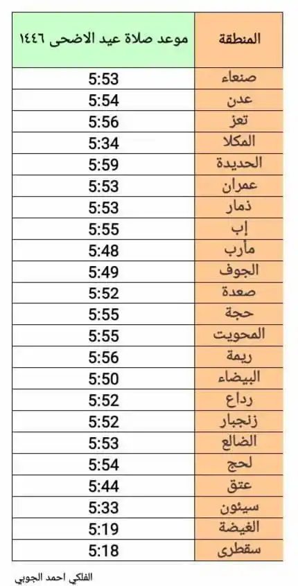 Image from أخبار اليمن العاجلة: أوقات صلاة عيد الأضحى في اليمن: صنعاء : 5:53 عدن : 5:54 تعز : 5:56 ال...