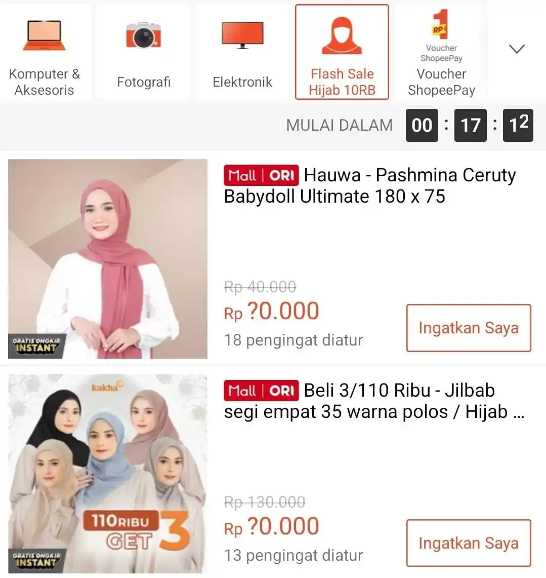 Image from Info Garapan Promo Indomaret Alfamart Racun Shopee Lazada Tokopedia Blibli Tiktok Superin Gojek Grab: FlashSale Hijab serba 10rb ⏰️12:00 WIB https://s.shopee.co.id/800k7Lt...