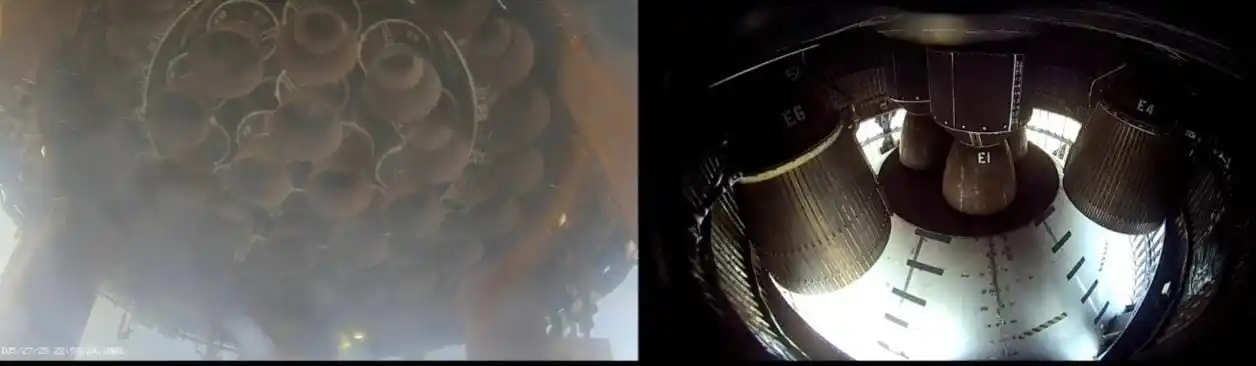 Image from Starship News | Por Arion Science: 39 Raptors famintos para o voo de hoje, câmeras mostrando os motores d...