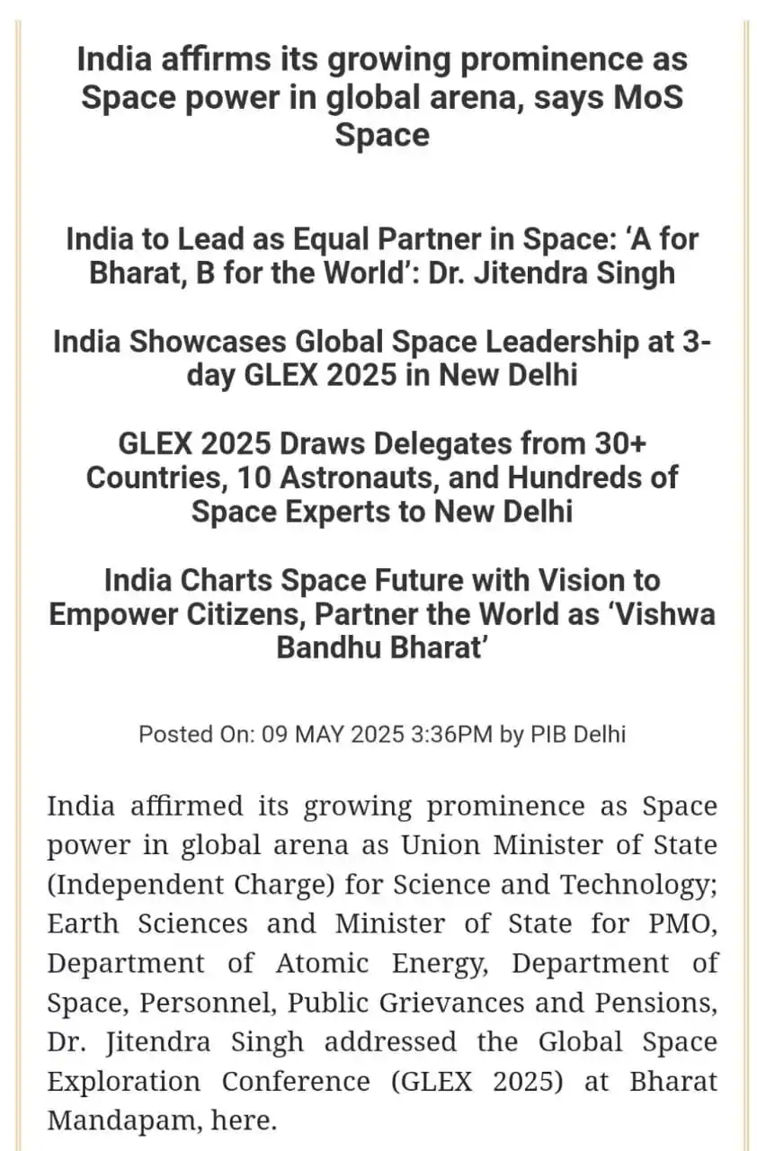 Image from UPSC PIB NEWS UPSC BPSC MPPSC UPPSC CAPF CDS NDA Current Affairs UPSC UPSC UPSC UPSC UPSC UPSC UPSC™: 🔆Global Space Exploration Conference (GLEX 2025) ✅India affirmed its...