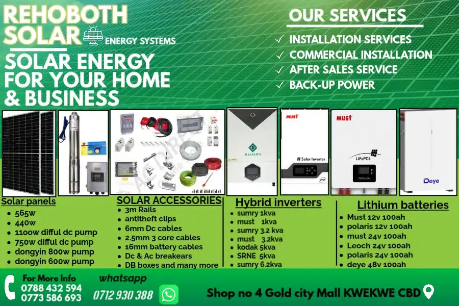 Image from Kwekwe News Bulletin📰: *💰PAID ADVERT💰* 🌱Shine Bright with *REHOBOTH SOLAR COMPANY* *Harne...
