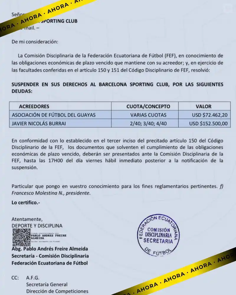 Image from NotiDiario Ecuador: Si Barcelona no cancela hasta este viernes 72.462,20 dólares a la AsoG...