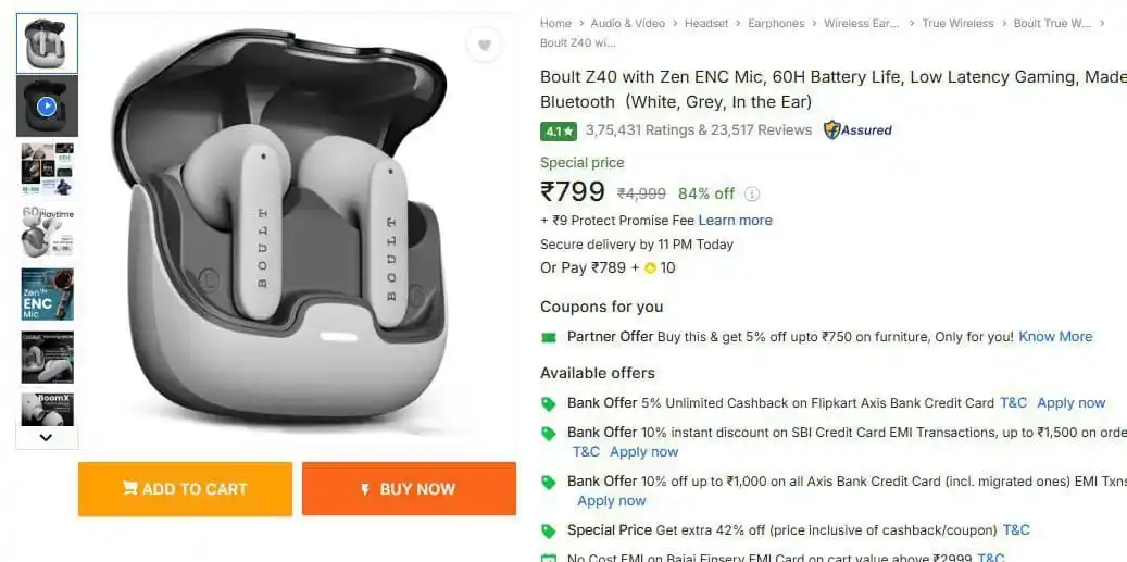 Image from Best Shopping Deals: Flipkart | Boult Z40 with Zen ENC Earbuds Rs.799 https://fkrt.co/CBZg...