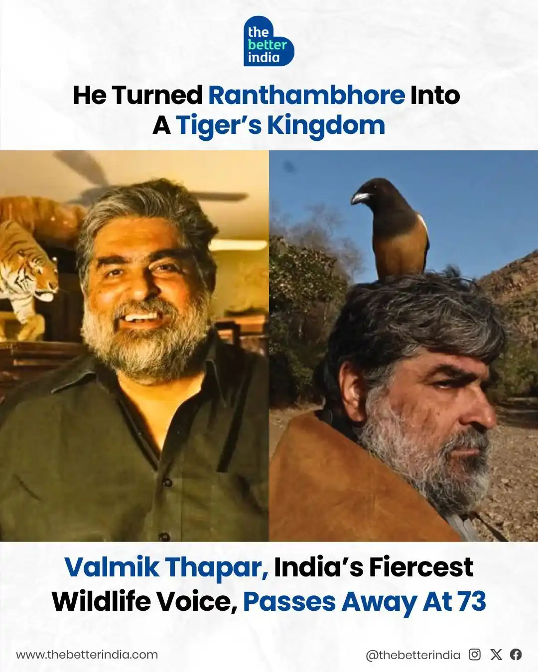 Image from The Better India: He didn’t just save tigers. He gave them a voice, a future, a kingdom....
