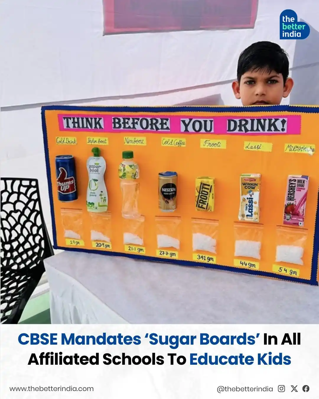 Image from The Better India: India takes a big step to fight hidden sugar in schools!  Revant Himat...
