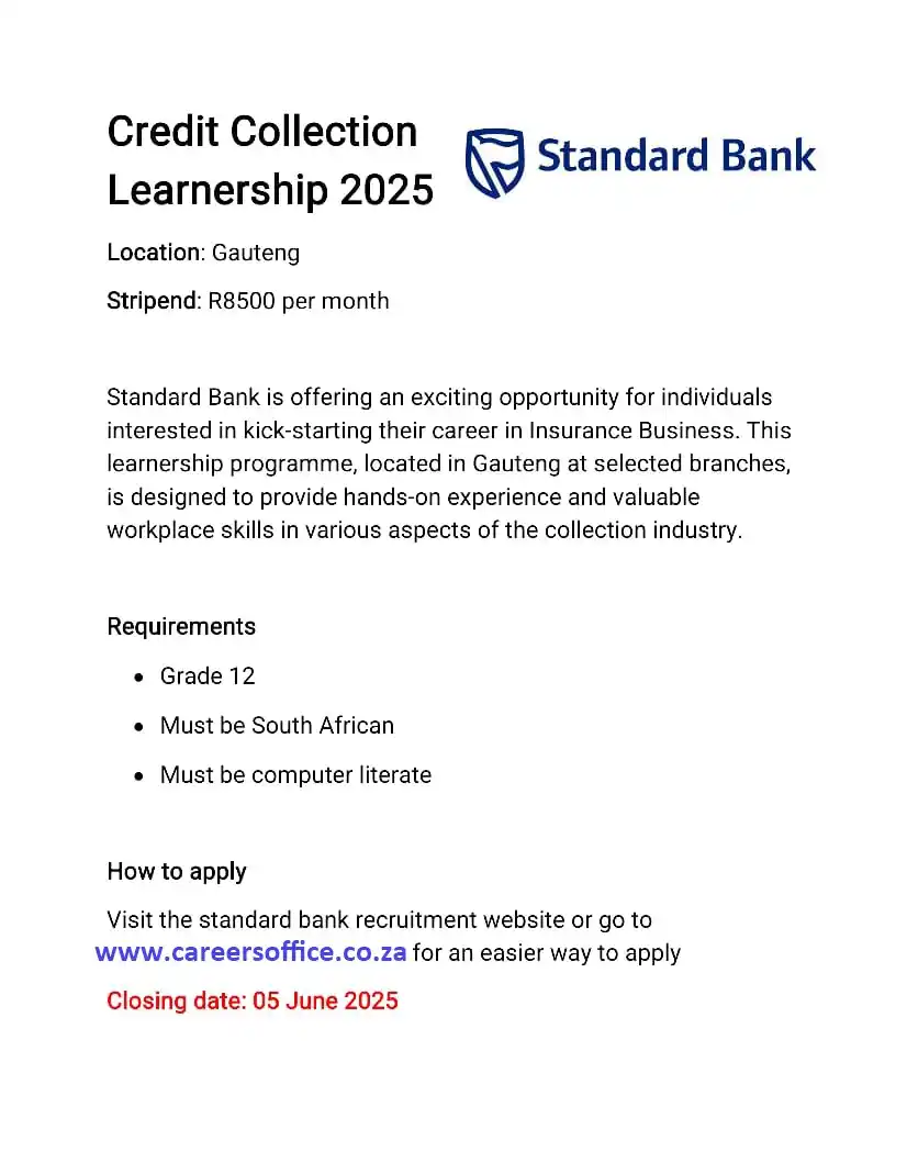 Image from Careers Office - Jobs, Learnerships, Internships ๐ฟ๐ฆ: ๐ฆ๐๐ฎ๐ป๐ฑ๐ฎ๐ฟ๐ฑ ๐๐ฎ๐ป๐ธ ๐๐ฟ๐ฒ๐ฑ๐ถ๐ ๐๐ผ๐น๐น๐ฒ๐ฐ๐๐ถ๐ผ๐ป ๐๐ฒ๐ฎ๐ฟ๐ป...