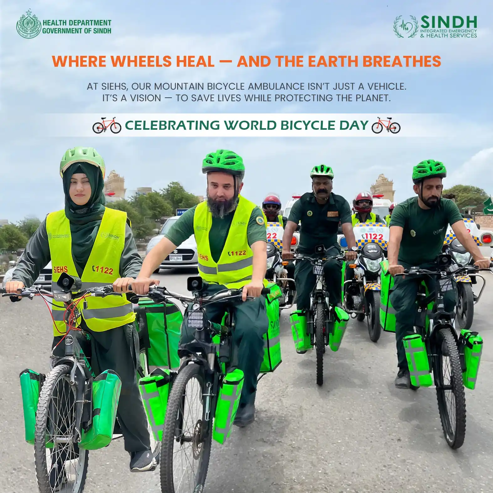 Image from Sindh Integrated Emergency & Health Services (SIEHS): 🌍🚴♂️ This World Bicycle Day, we’re proud to celebrate an initiative...