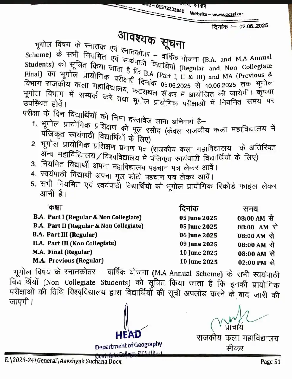 Govt Arts College Sikar post