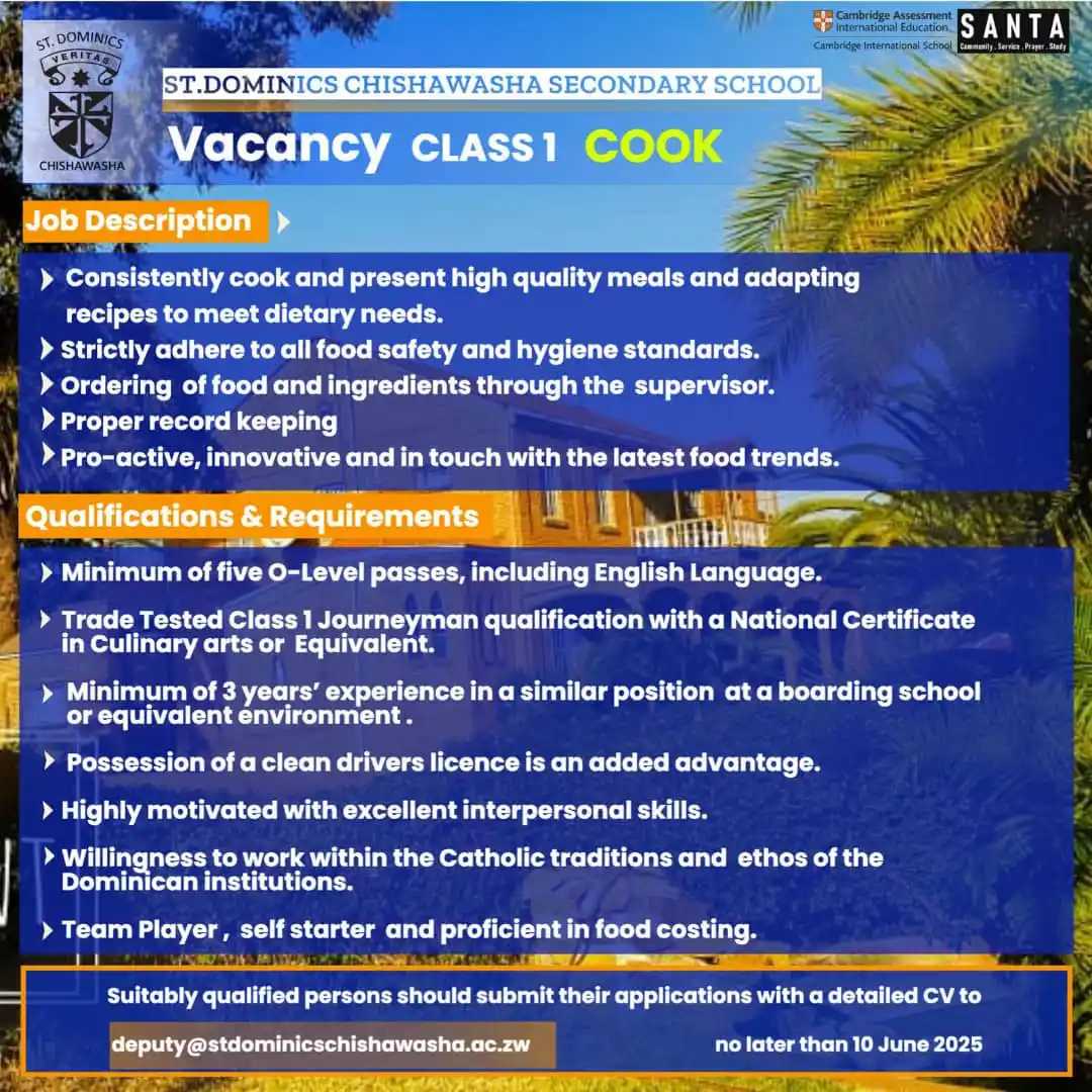 Image from Schools Connect Zimbabwe: Class 1 Cook Needed   St Dominic's Chishawasha Secondary school...