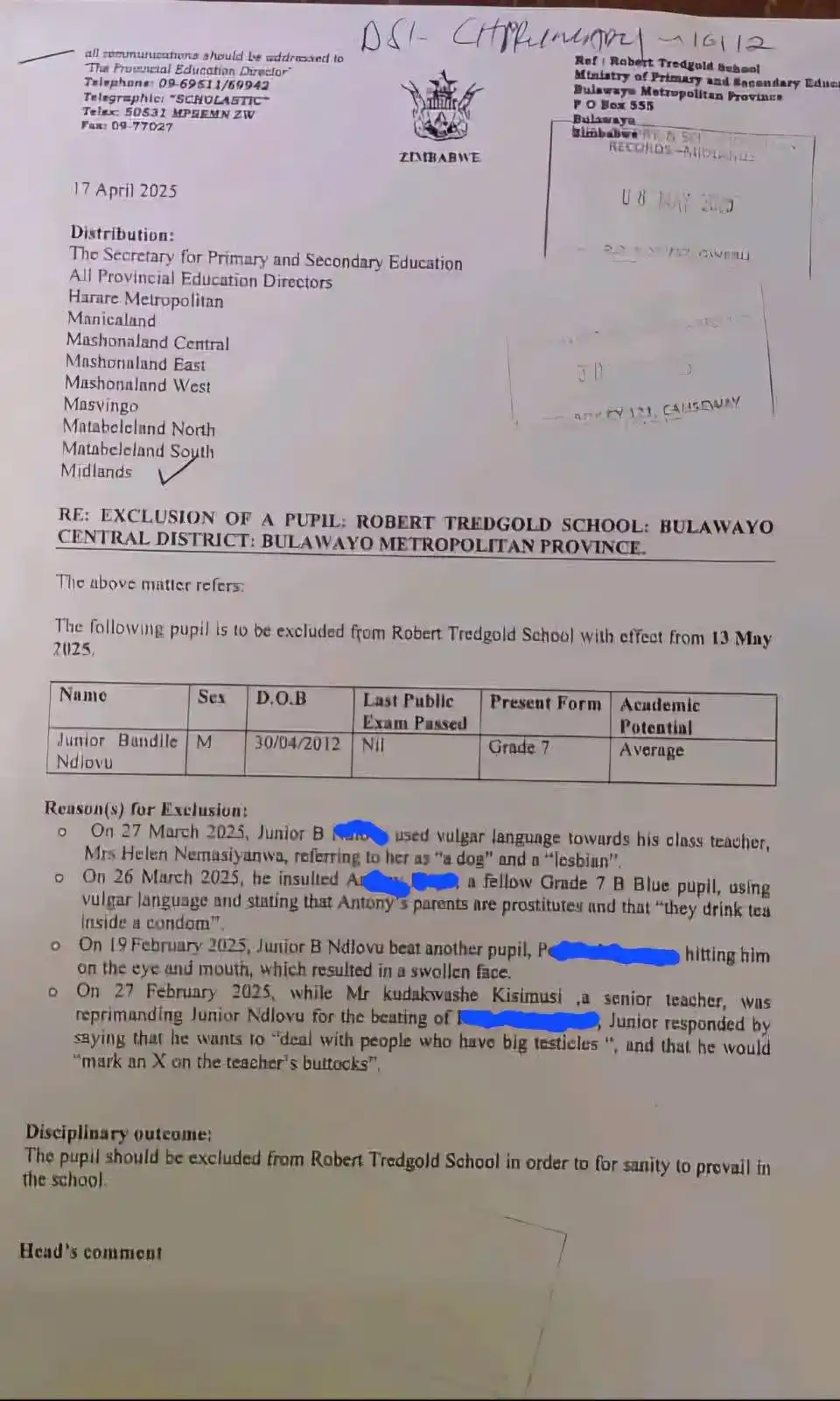 Image from Schools Connect Zimbabwe: https://www.facebook.com/share/1FmgLGQwtG/ A naughty Grade Seven pupi...