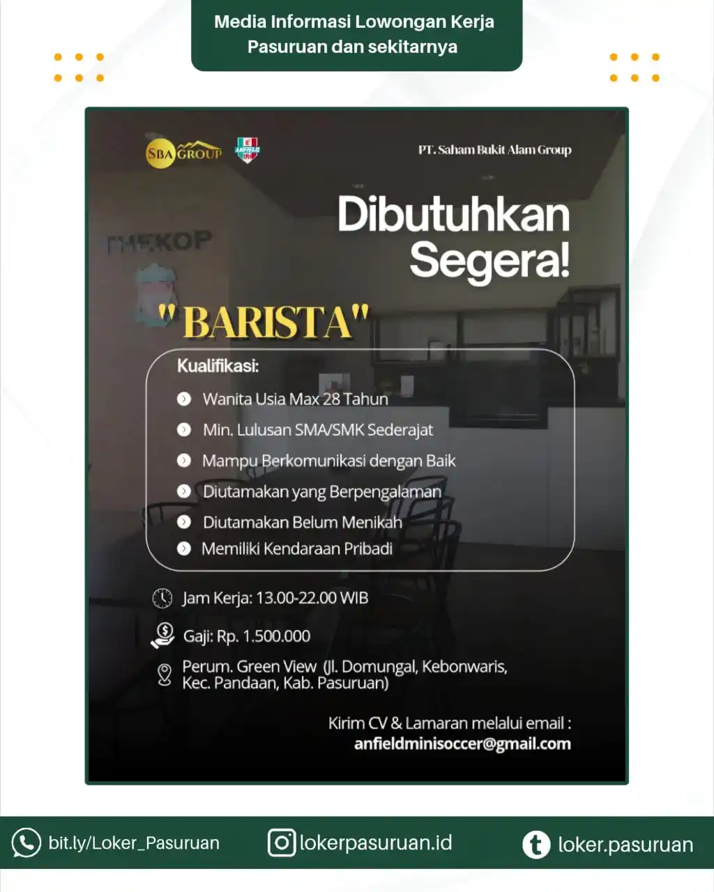 Image from Loker Pasuruan: ✨ LOWONGAN KERJA BARISTA ✨ 📍 THEKOP by SBA Group Kamu cewek, jago kom...