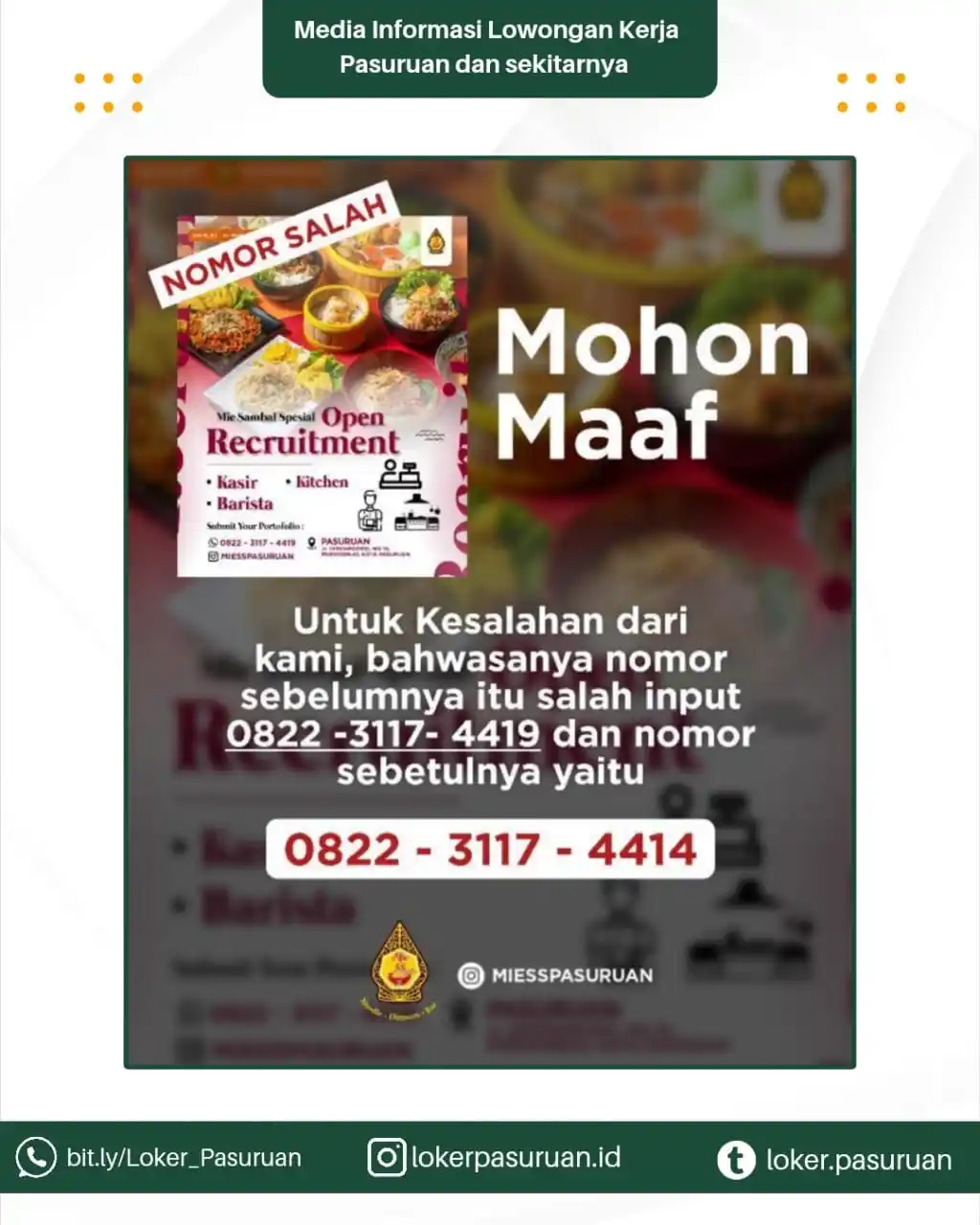 Image from Loker Pasuruan: 📢 MOHON MAAF 🙏 Ada kesalahan penulisan nomor di pengumuman sebelumny...