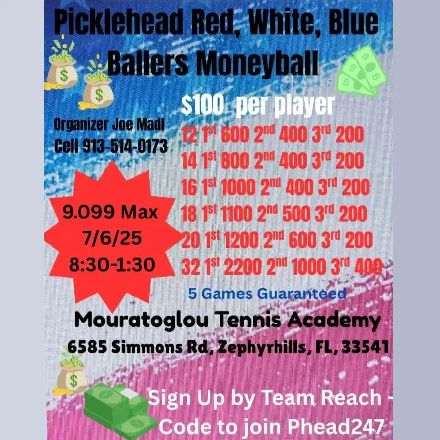 Image from Florida Pickleball Tournaments: ➡️ "Picklehead Red, White, Blue Ballers Moneyball" Pickleball tourname...