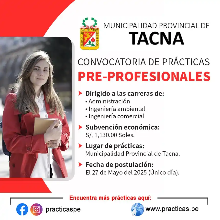 Image from Convocatorias Ing. Ambiental: Empleos - Prácticas - Capacitaciones: Realiza tus Prácticas en MUNICIPALIDAD DE TACNA 👉Más información en↷ ...