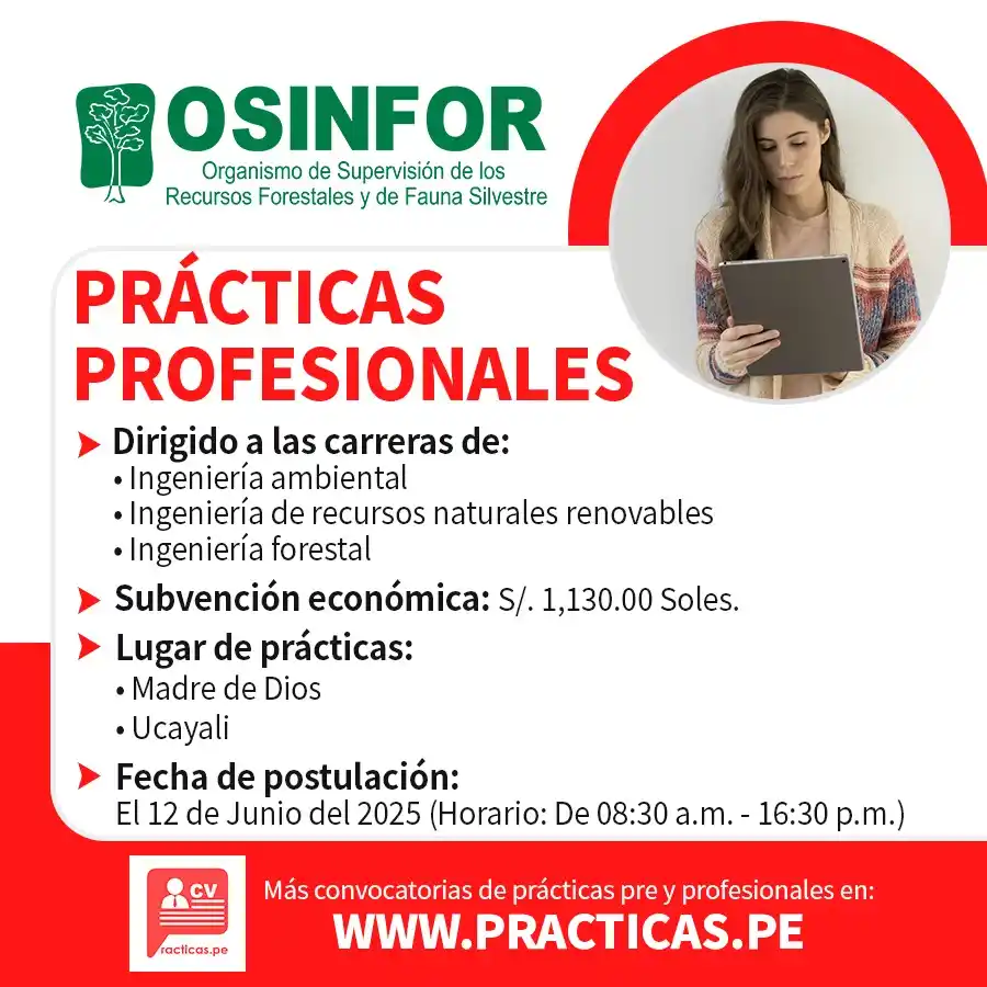 Image from Convocatorias Ing. Ambiental: Empleos - Prácticas - Capacitaciones: Realiza tus Prácticas en OSINFOR 👉Más información en↷ https://www.pr...