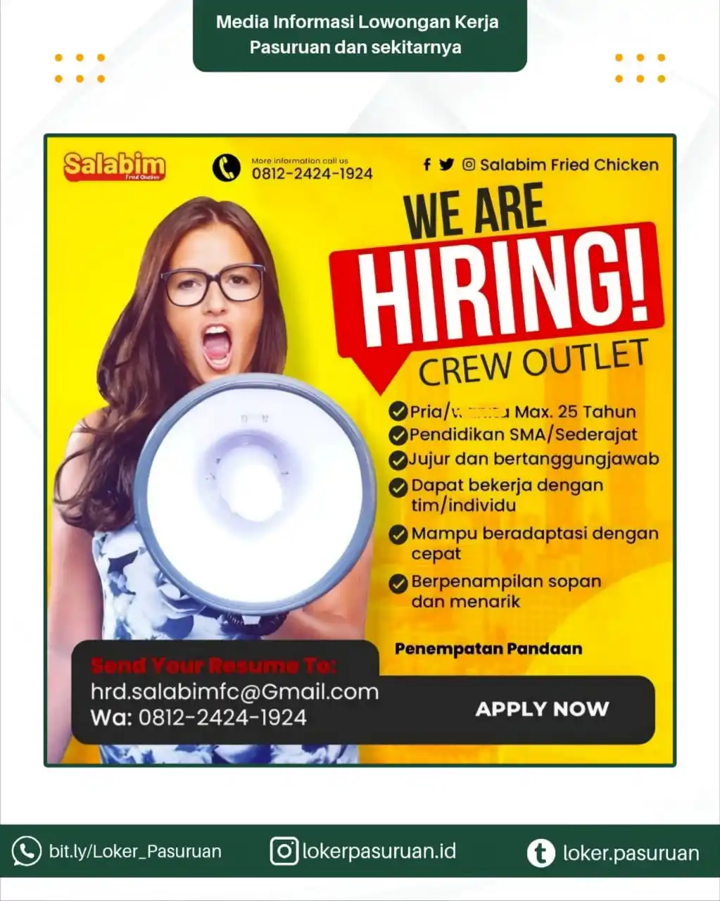 Image from Loker Pasuruan: 📣 WE ARE HIRING! Bergabunglah bersama tim Salabim Fried Chicken sebag...