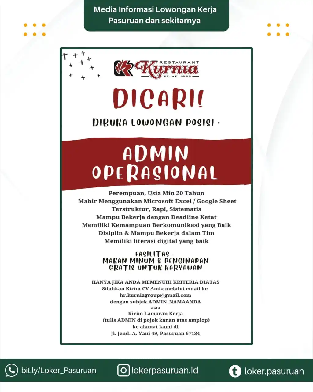 Image from Loker Pasuruan: 📢 WE ARE HIRING! Restaurant Kurnia membuka lowongan posisi Admin Oper...