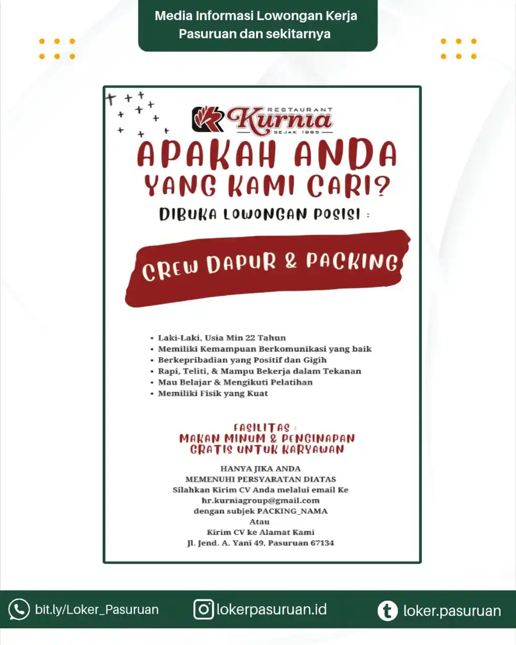 Image from Loker Pasuruan: 🔥 WE’RE HIRING! 🔥 Bergabunglah bersama Restaurant Kurnia sebagai Cre...