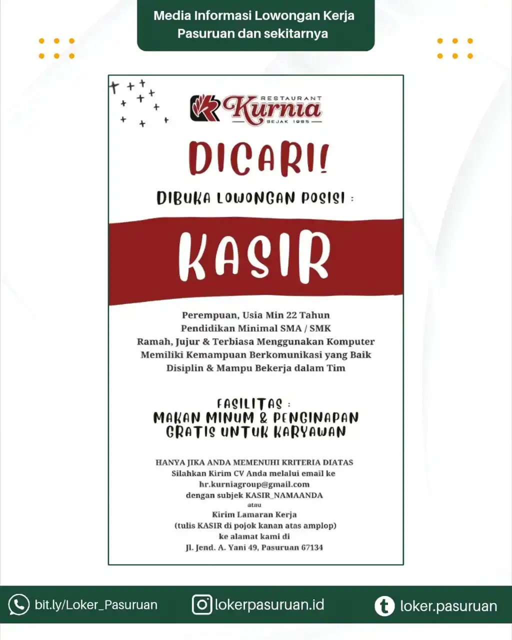 Image from Loker Pasuruan: 📢 WE’RE HIRING! ✨ Jadi bagian dari keluarga besar Restaurant Kurnia y...