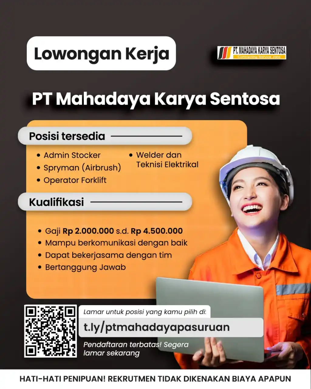 Image from Loker Pasuruan: 🔥 WE'RE HIRING! 🔥 Bergabunglah bersama PT Mahadaya Karya Sentosa dan...