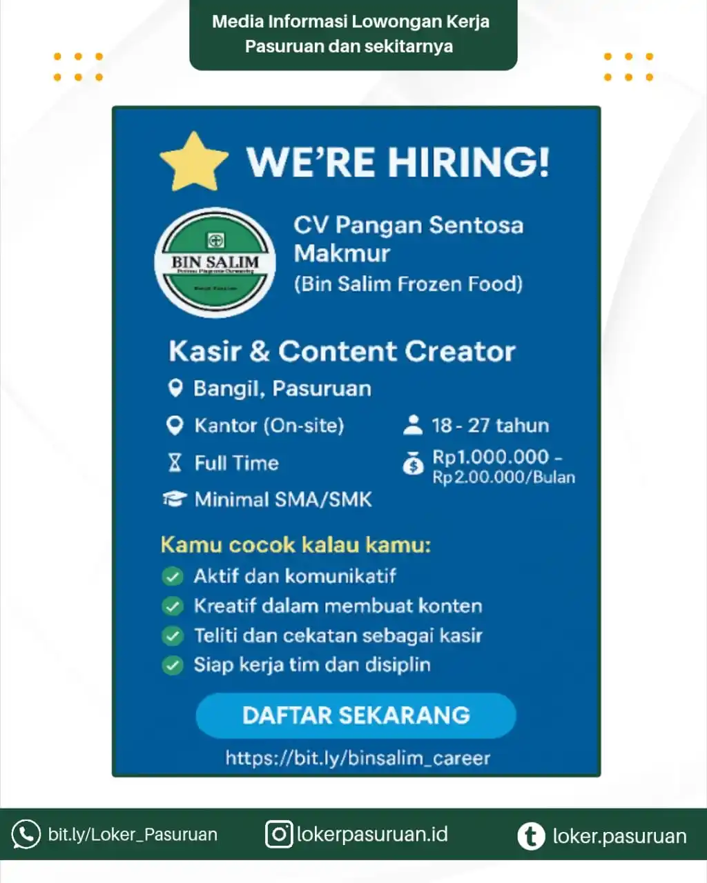 Image from Loker Pasuruan: ✨ WE'RE HIRING! ✨ Gabung bareng tim seru di Bin Salim Frozen Food! Kit...