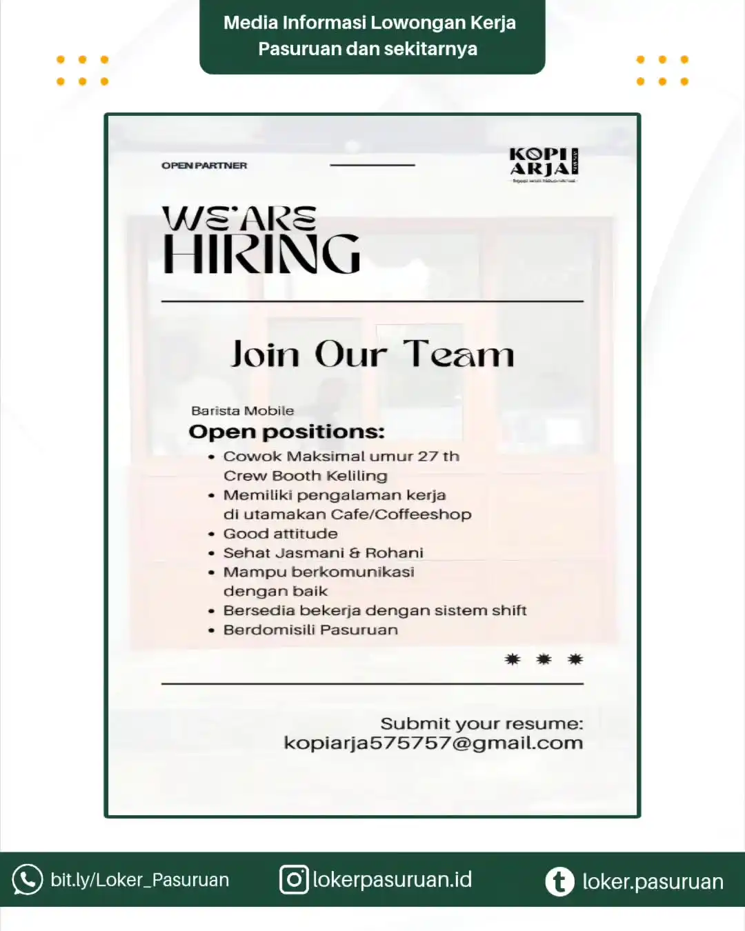 Image from Loker Pasuruan: 🚨 WE'RE HIRING! 🚨 Kamu cowok enerjik, suka ngopi, dan doyan keliling...