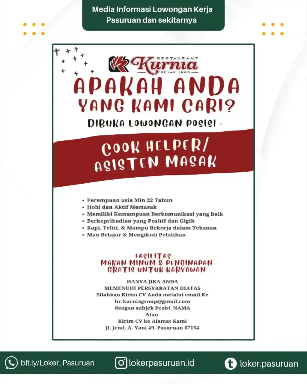 Image from Loker Pasuruan: 🍳 WE'RE HIRING! 🍽️ Kamu suka masak dan ingin kerja di dunia kuliner?...