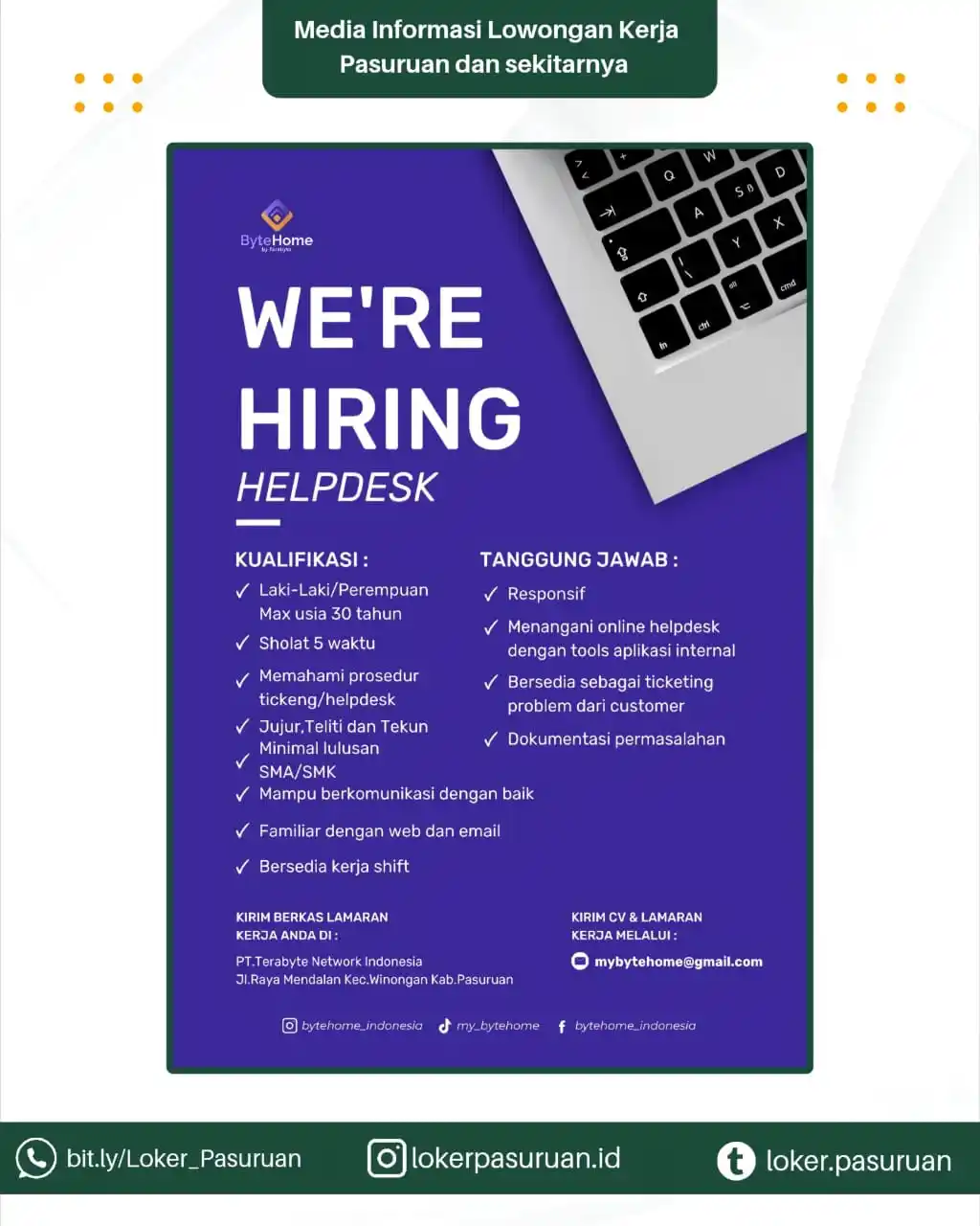 Image from Loker Pasuruan: 📣 WE'RE HIRING! 📣 ✨ Saatnya bergabung bersama tim solid di ByteHome...