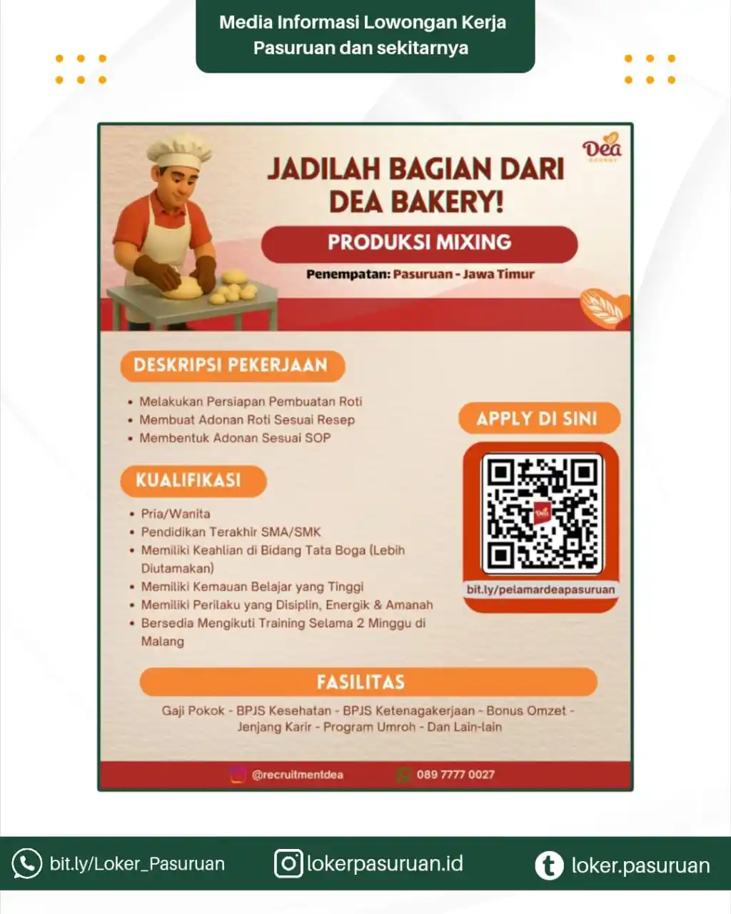 Image from Loker Pasuruan: 🔥 WE'RE HIRING! 🔥 Yuk gabung bareng tim Dea Bakery di posisi Produks...