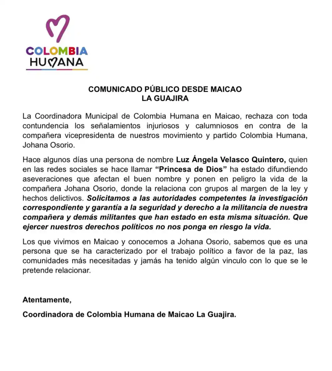 Image from VICEPRESIDENCIA (JOHANA OSORIO CH ): 📢 *Comunicado desde Maicao La Guajira* *La Coordinadora Municipal de ...