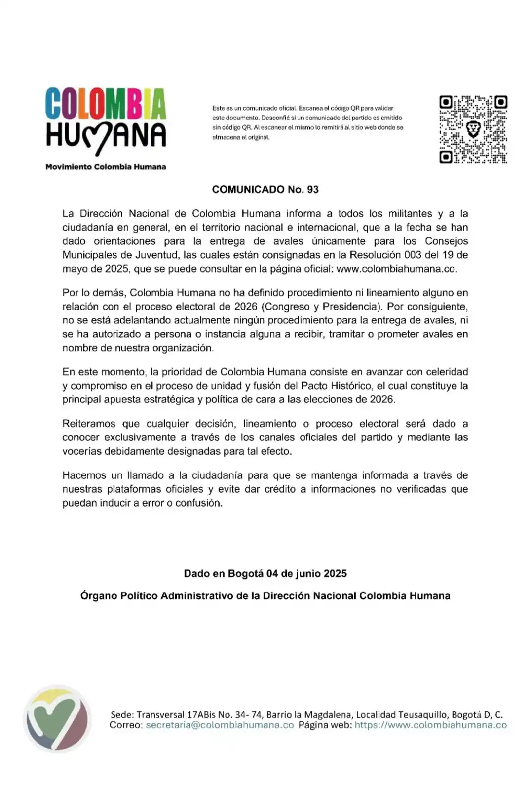 Image from VICEPRESIDENCIA (JOHANA OSORIO CH ): *COMUNICADO No 93 📣 *Comunicado oficial de Colombia Humana* La Dire...