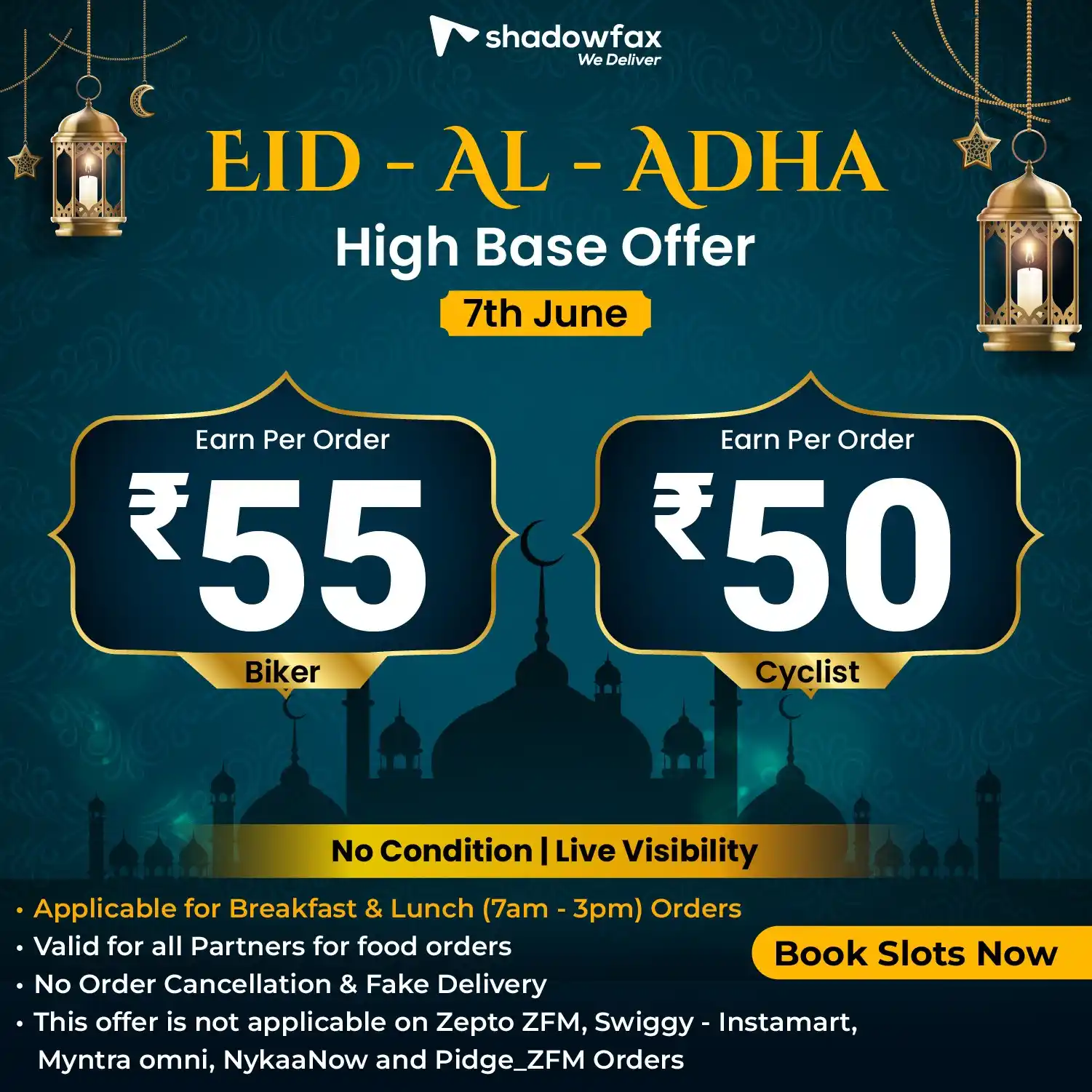 Image from BLR: Shadowfax Offer Announcements: _*🎉 Eid-Al-Adha Special Offer 🎉*_ *Special High Base Pay! (7th June)...