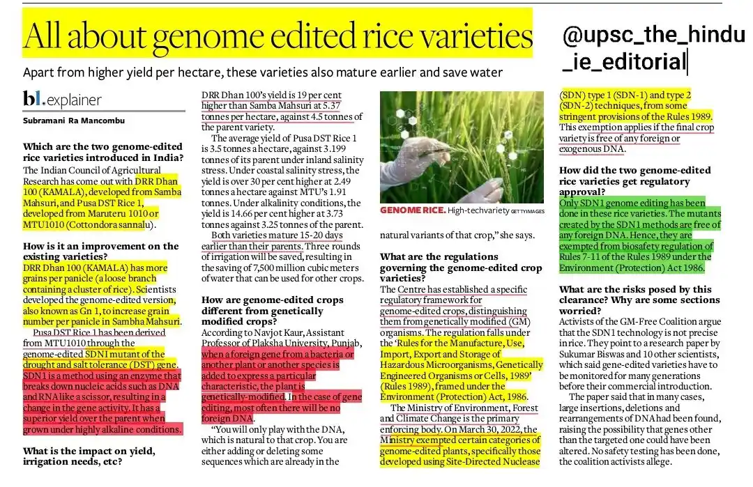 Image from UPSC Science Technology UPSC UPSC UPSC UPSC Upsc Upsc Upsc Upsc UPSC BPSC MPPSC UPPSC CAPF CDS NDAā¢: šIndiaās First Genome-Edited Rice Varieties šTwo new rice varieties...