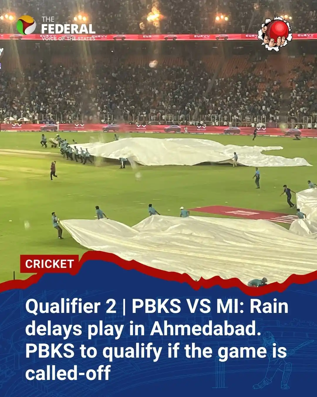 Image from The Federal: IPL 2025 | Qualifier2: Rain delays play in Ahmedabad as PBKS and MI wa...