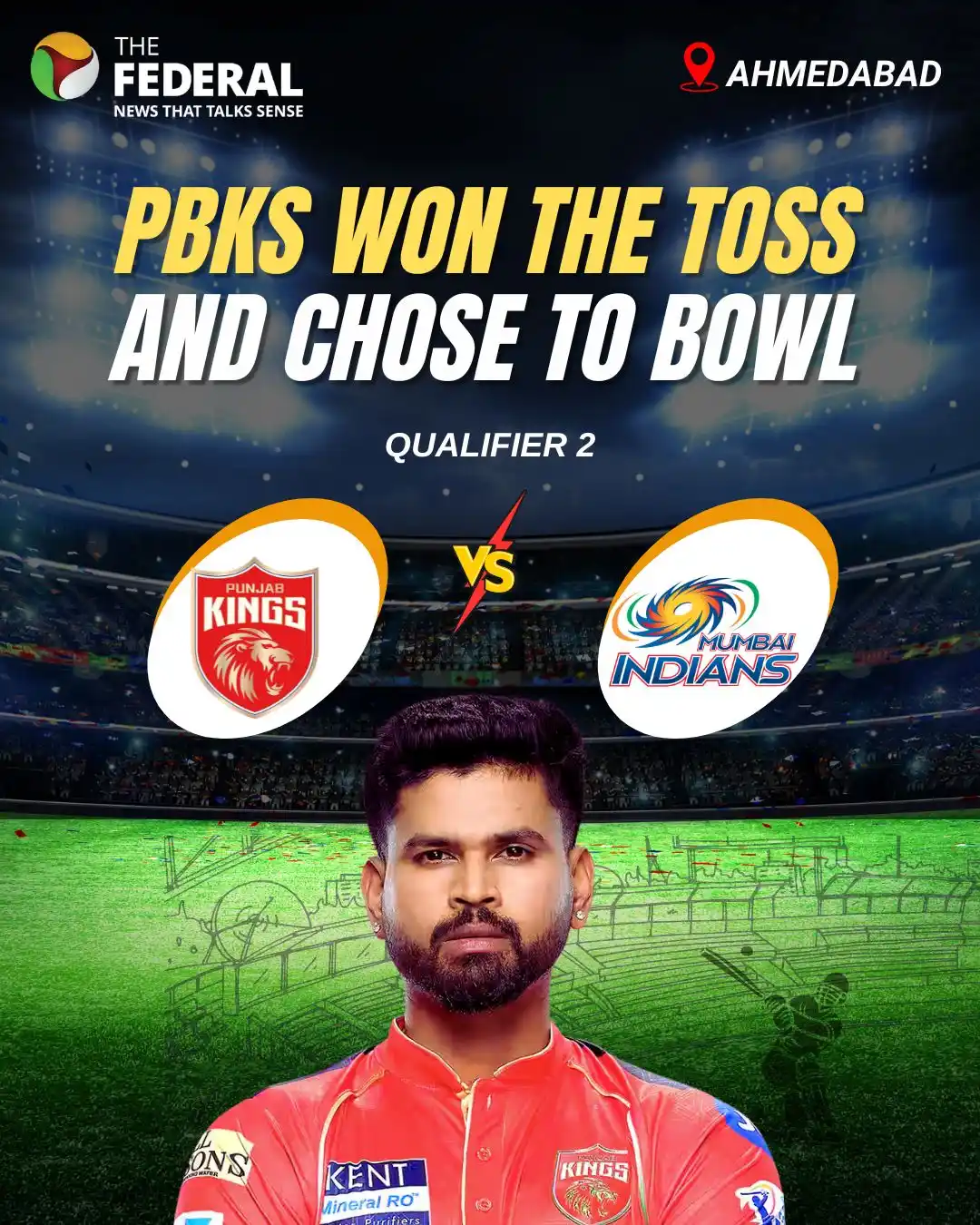 Image from The Federal: IPL 2025 | Qualifier2 - Toss Update: It's PBKS skipper Shreyas Iyer wh...