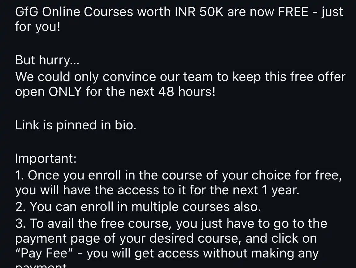 Image from Job updates by Placementdrive: 🚨 Free Courses 48 HOURS ONLY! 🚨 🎉RCB won IPL & GeeksforGeeks is gi...