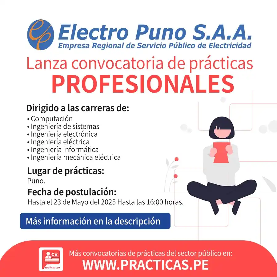 Image from Convocatorias Computación (Ciencias y/o Técnicos): Empleos - Prácticas - Capacitaciones: Realiza tus Prácticas en ELECTRO PUNO 👉Más información en↷ https://w...