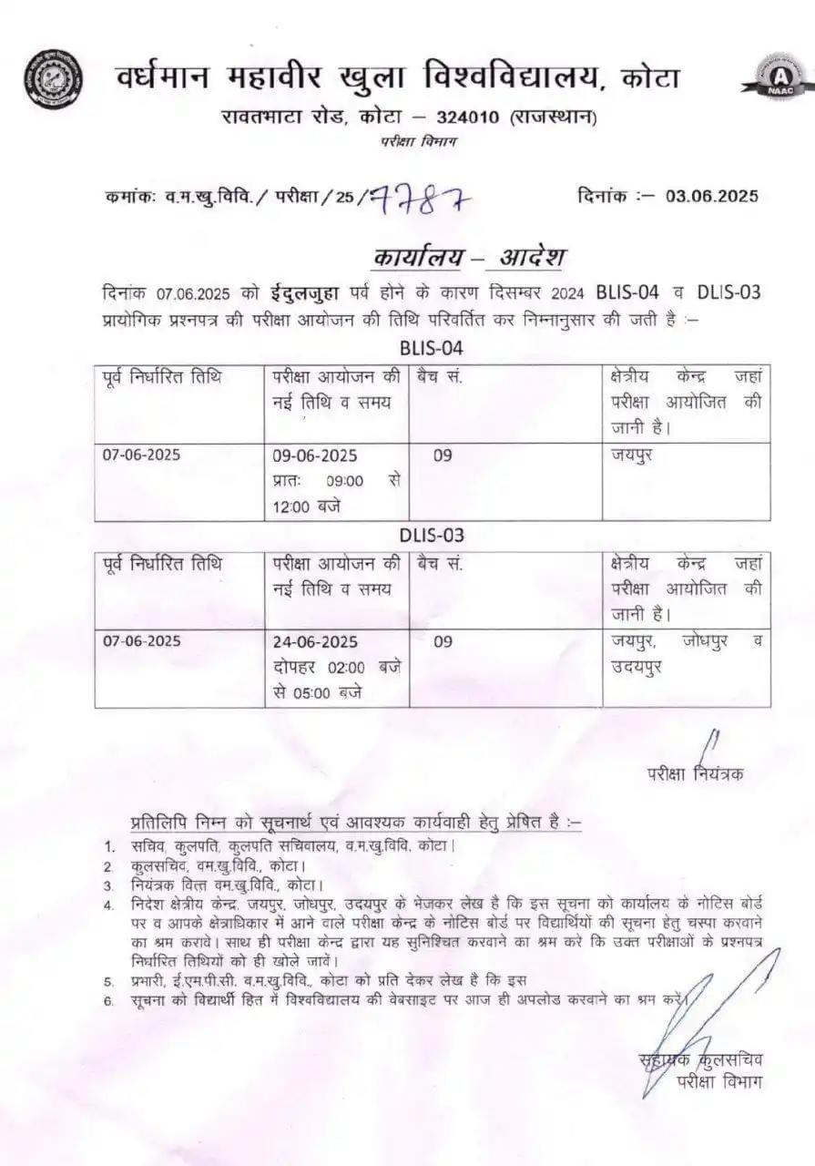 Image from VMOU KOTA NEWS: VMOU : दिनांक 07.06.2025 को ईदुलजुहा पर्व होने के कारण दिसम्बर 2024 BL...