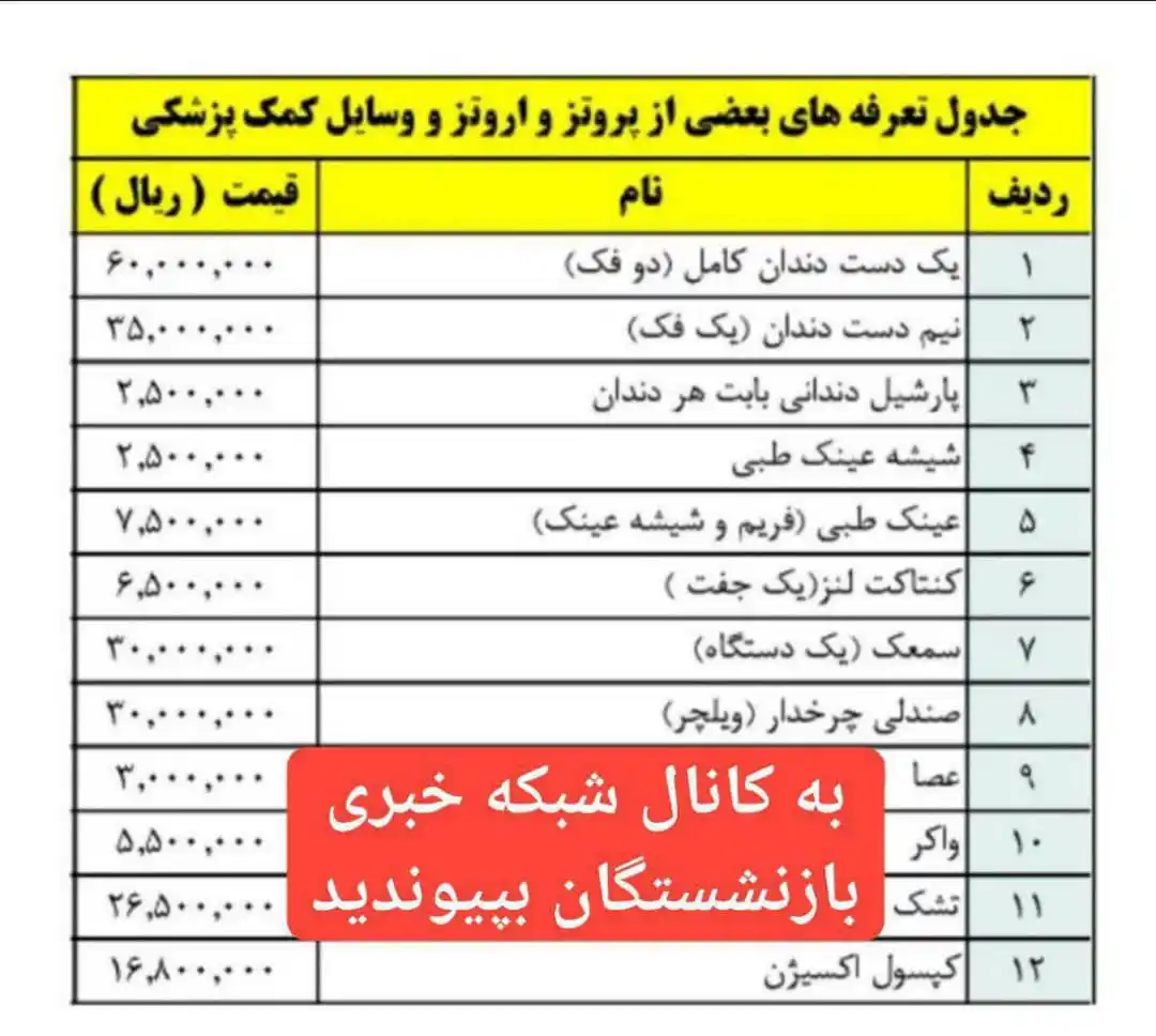 Image from شبکه خبری بازنشستگان: 🔴👈جدول تعرفه های پروتز و اروتز وسایل کمک پزشکی به بازنشستگان و کارگ...