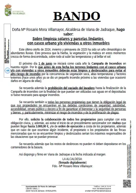 Image from Viana de Jadraque: 🔊 Bando sobre limpieza de solares y parcelas lindantes con casco urba...