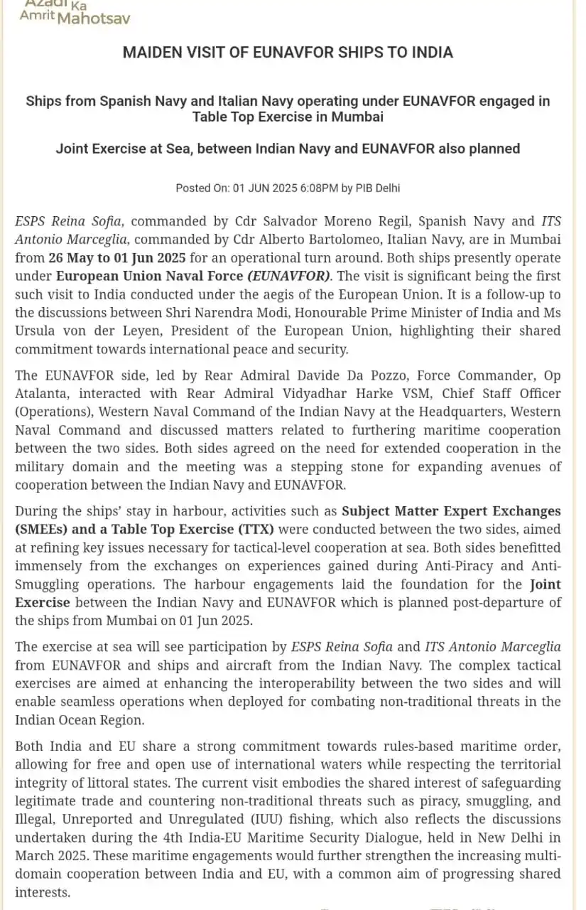 Image from UPSC CSE EXAM ✅ PRELIMS™ UPSC UPSC UPSC UPSC UPSC UPSC Current Affairs BPSC MPPSC UPPSC CAPF RAS IAS: EUNAVFOR ✅The exercise will see participation by Spanish Navy Ship ES...