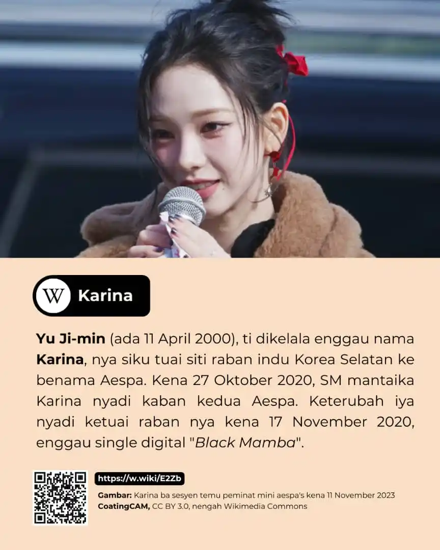 Image from Wikimedia Malaysia - Kumpulan Komuniti Pengguna: Yu Ji-min (ada 11 April 2000), ti dikelala enggau nama Karina, nya sik...