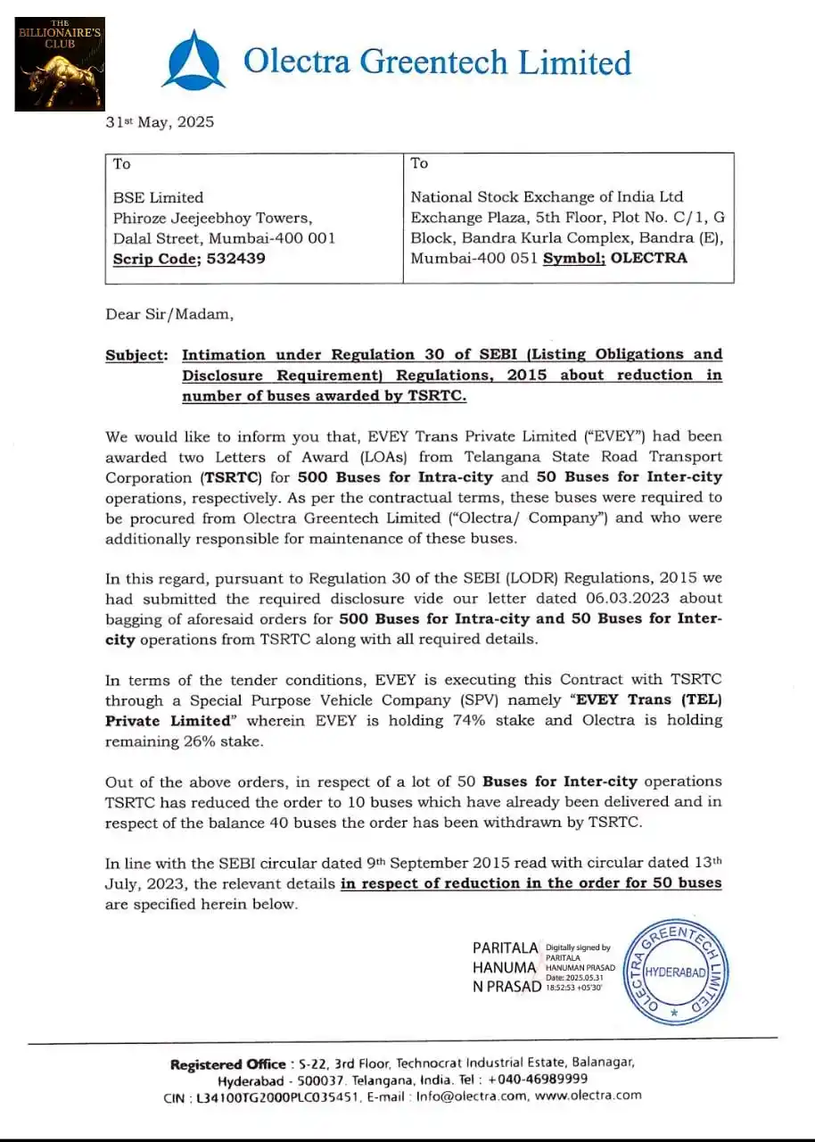 Image from The Billionaire's Club🏌️Recent updates💹📉: 1️⃣ What’s the news? Olectra Greentech Ltd. ne Telangana State Road Tr...