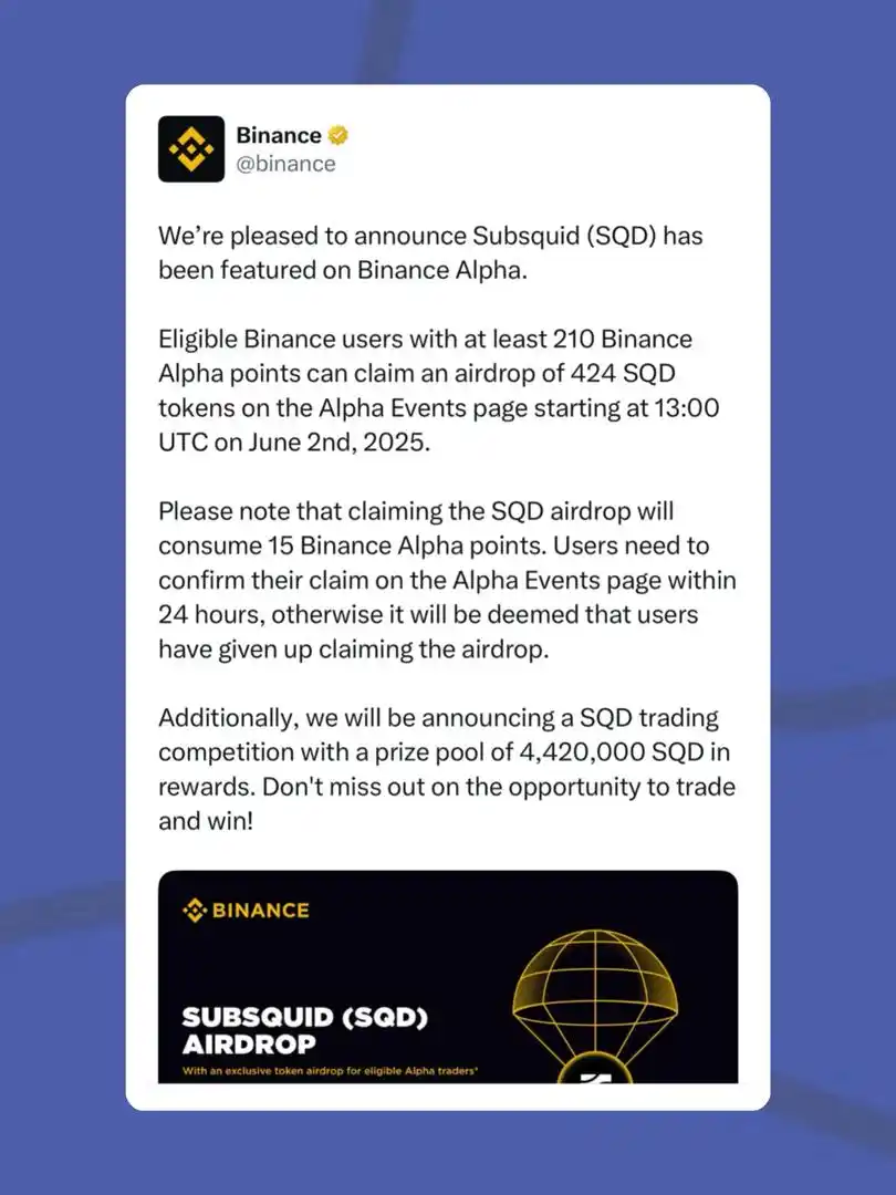 Image from DEYINKA UPDATE ZONE: 📣 *Subsquid Airdrop on Binance Alpha to those that meets the minimum ...
