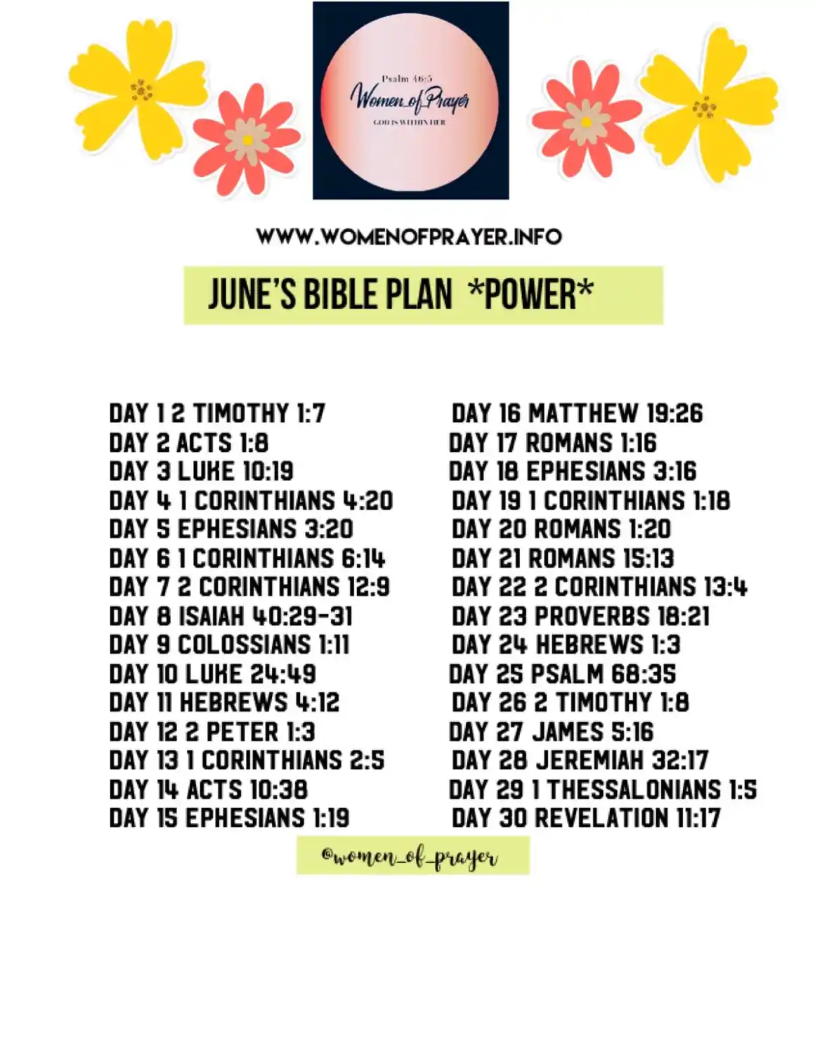 Image from Women of Prayer: ✨ JUNE BIBLE READING PLAN ✨ Theme: POWER 💥 Let’s dive into God’s Word...
