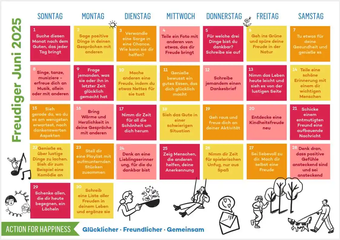 Image from Action for Happiness DE: 🙂 FREUDIGER JUNI 🌞 Wusstest du, dass du Positive Emotionen aktiv för...