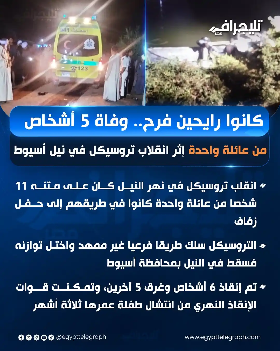 Image from تليجراف مصر- Egypt Telegraph: كانوا رايحين فرح.. وفاة 5 أشخاص من عائلة واحدة إثر انقلاب تروسيكل في ن...