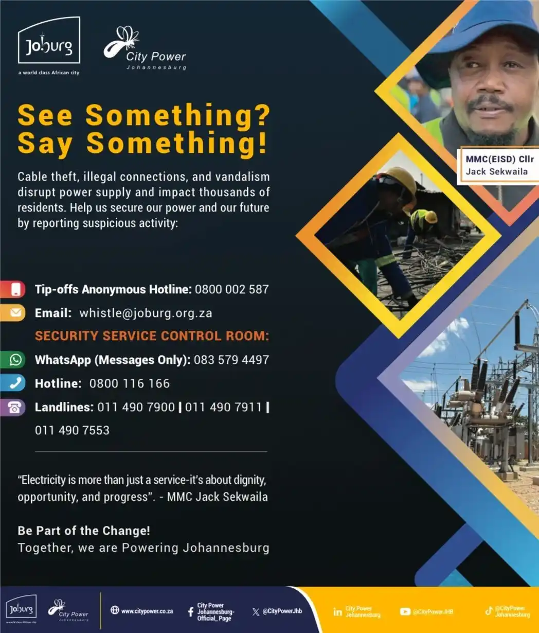 Image from City Of Joburg: POWER SUPPLY: Report cable theft, illegal connections, and vandalism o...